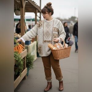 Cozy Oversized Granny Chunky Knit Sweater Size L Cottagecore 90s Floral Country
